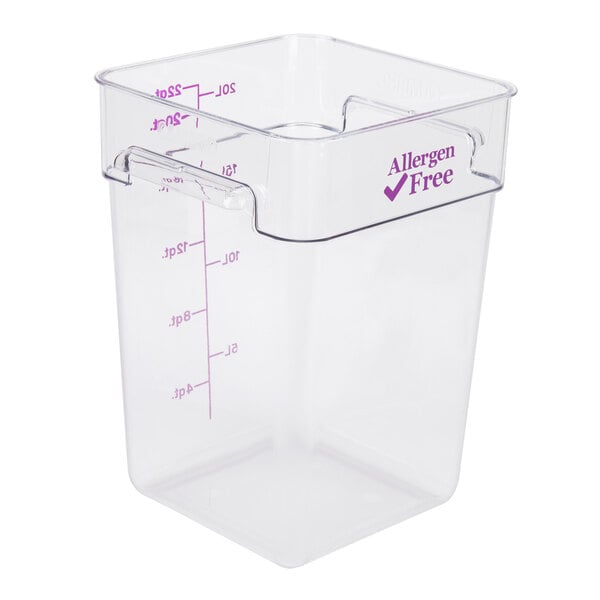 A clear, square plastic container with measurement markings and a label that reads 'Allergen Free' on the side.