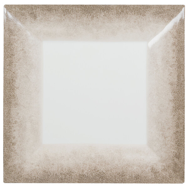 A white square Thunder Group melamine plate with a brown crackle-finished border.