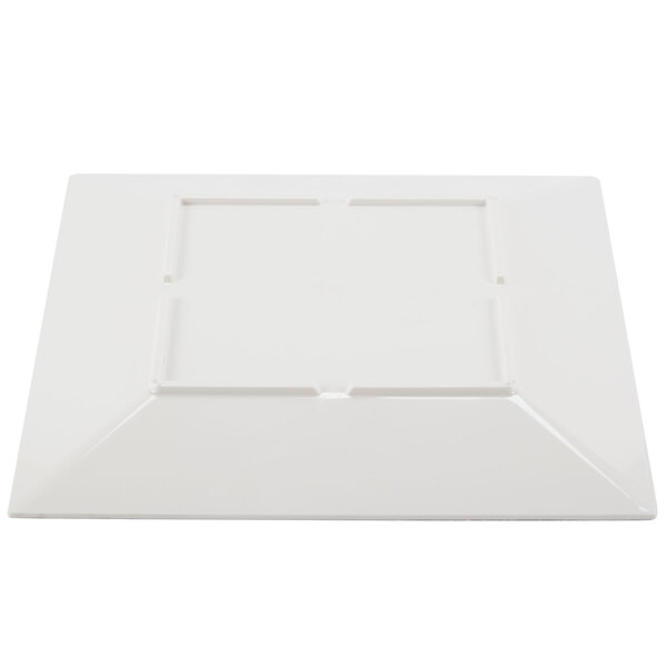 A white square Thunder Group Jazz melamine plate with a square pattern and a square center.