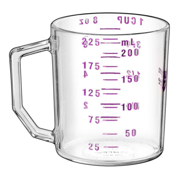 A clear polycarbonate measuring cup with a purple handle and purple measurement markings.