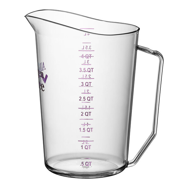 A clear Cambro measuring cup with purple writing and a handle.