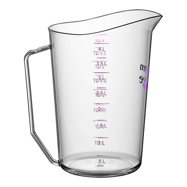 A clear Cambro measuring cup with purple measurements and writing and a purple handle.