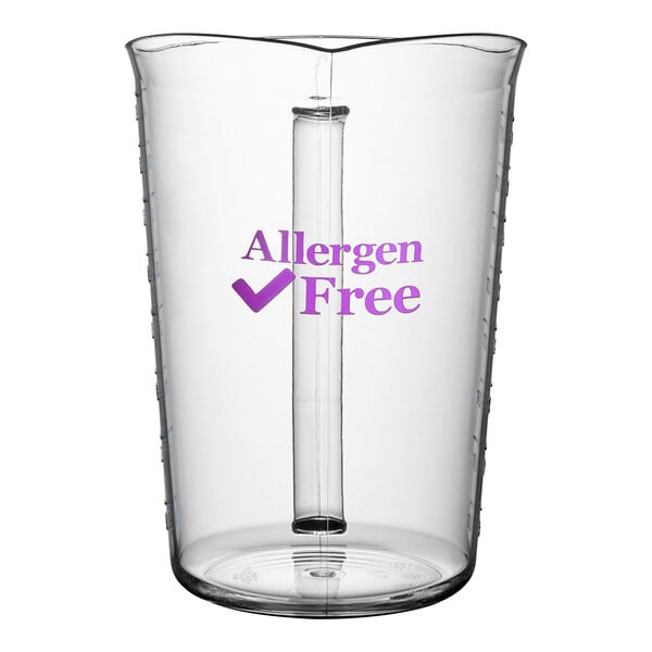 A purple Cambro polycarbonate measuring cup with the words "allergen free" on it.