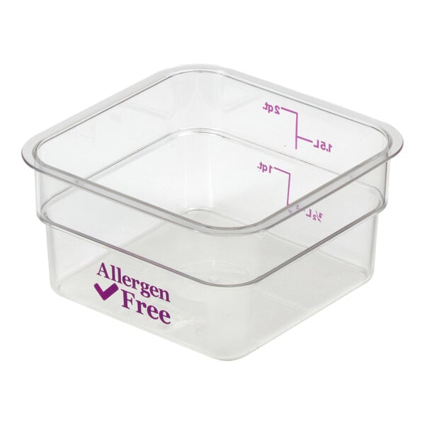 A clear, square plastic container with measurement markings and the words 'Allergen Free' printed on the side.