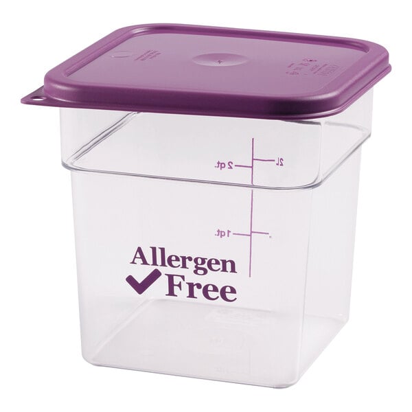 A clear square food storage container with a purple lid, marked with measurement lines and labeled 'Allergen Free' in purple text.