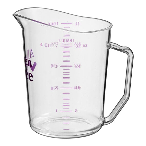 A clear Cambro measuring cup with purple lettering.