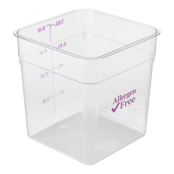 A clear, square plastic container with measurement markings and the words 'Allergen Free' printed on the side.