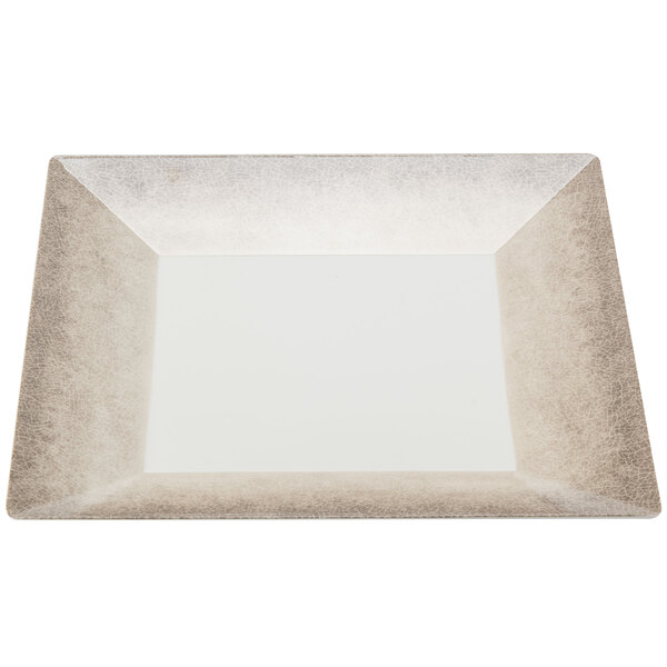 A white square Thunder Group melamine plate with a white crackle-finished border.