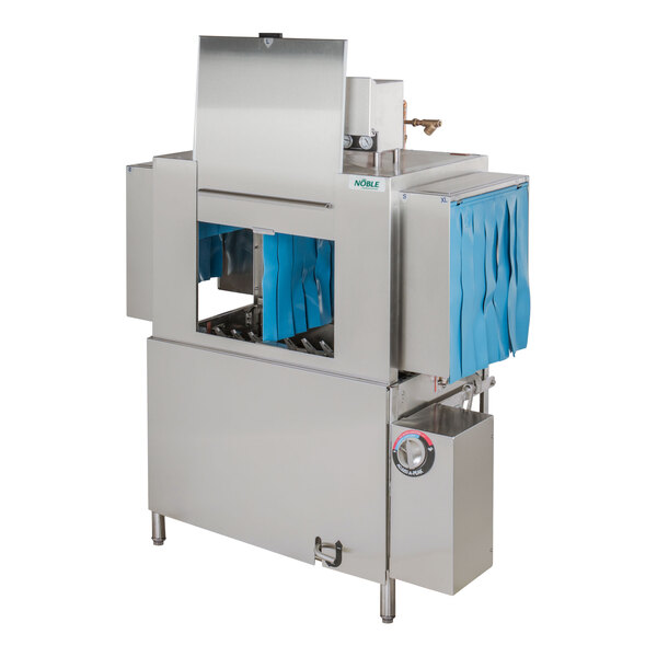 A commercial stainless steel conveyor dishwasher with blue curtains, designed for high temperature warewashing.