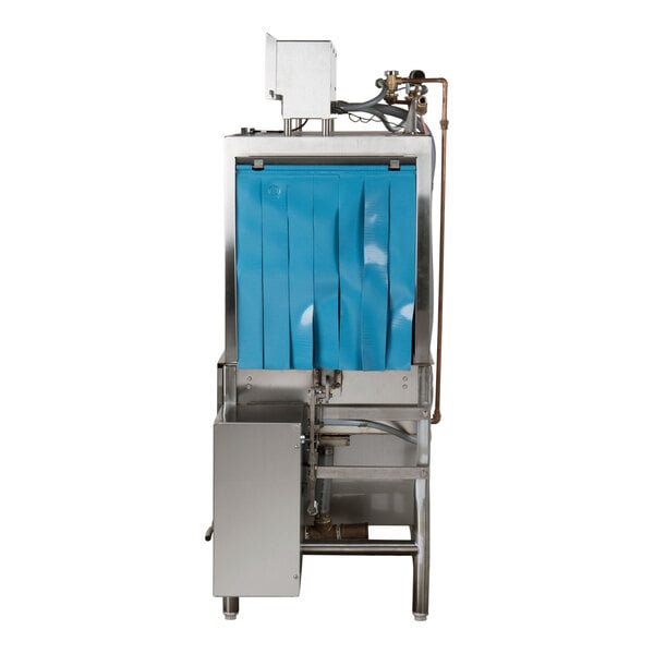 A commercial stainless steel conveyor dishwasher with a blue curtain, designed for high temperature washing and right to left operation.
