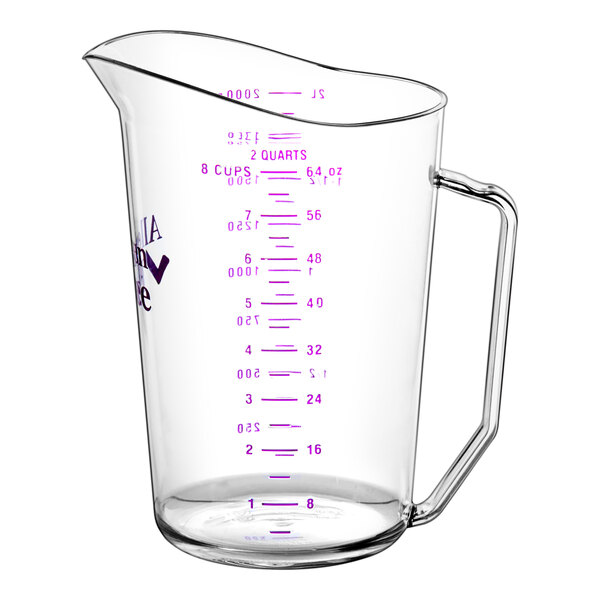 A Cambro Camwear measuring cup with purple text on the handle.
