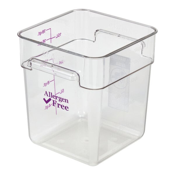 A clear, square plastic container with measurement markings and the words 'Allergen Free' printed on the side.