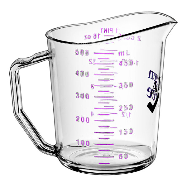 A clear Cambro polycarbonate measuring cup with a purple handle and purple writing.
