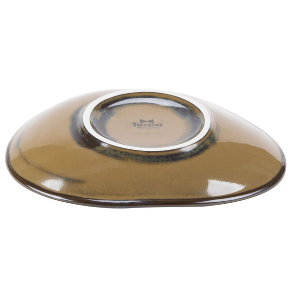 A brown TuxTrendz Artisan Mojave china plate with a silver rim.