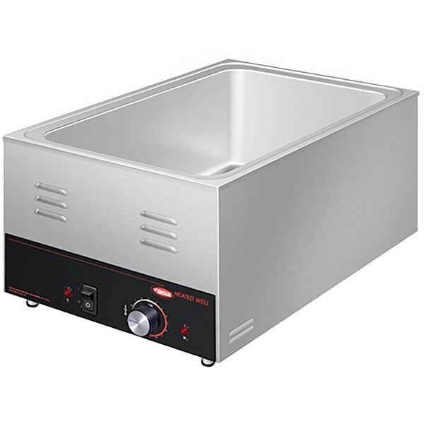 A stainless steel Hatco countertop food warmer with a black and red knob.