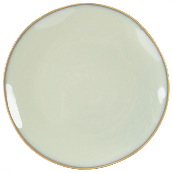 A close up of a Tuxton Artisan China plate with a white surface and a sagebrush design in the middle.