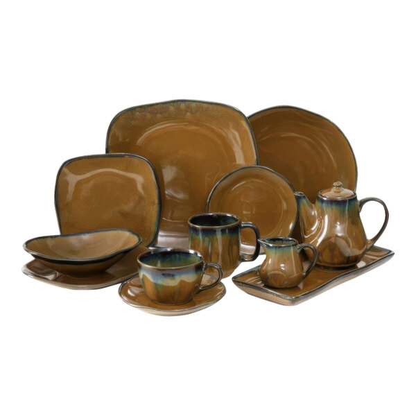 A group of rectangular brown and blue Tuxton China bowls.