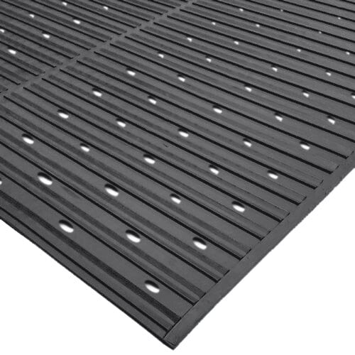 A black Cactus Mat Ni-Rib rubber runner mat roll with holes.