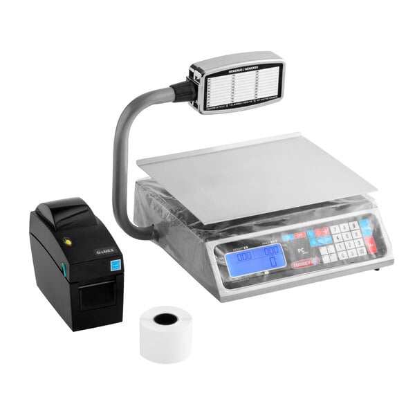 A digital price computing scale with a display tower, a thermal printer, and a roll of receipt paper.