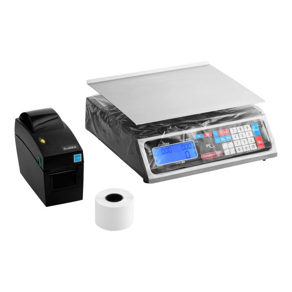 A digital price computing scale with a keypad and display, accompanied by a thermal printer and a roll of paper.