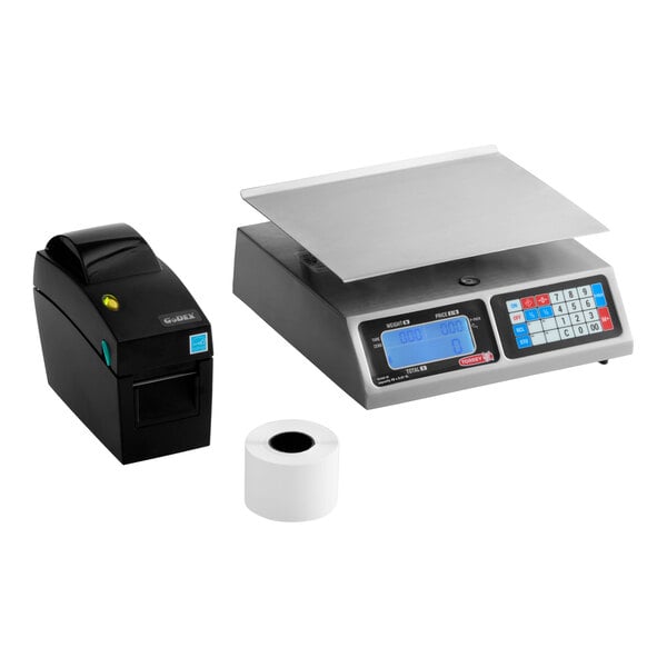 A digital price computing scale with a keypad and display, accompanied by a thermal printer and a roll of paper.