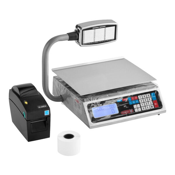 A digital price computing scale with a tower display, a thermal printer, and a roll of receipt paper.