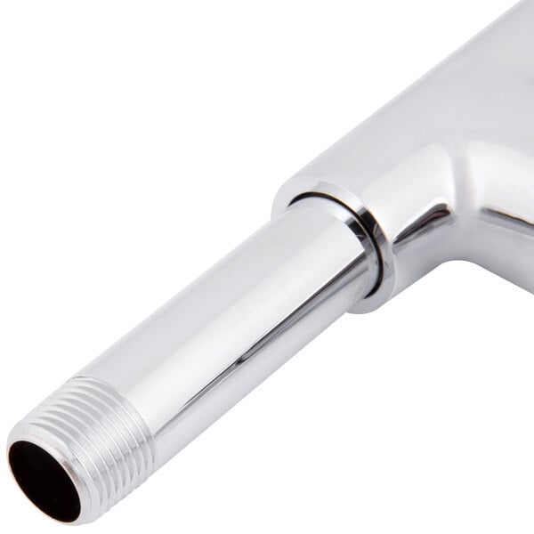 A close up of a chrome Equip by T&amp;S add-on faucet for pre-rinse units.