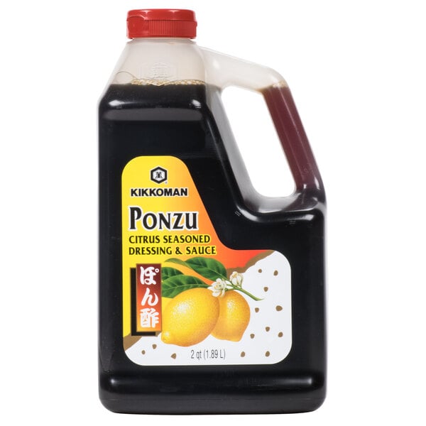 A Kikkoman Ponzu citrus seasoned dressing jug with a label.