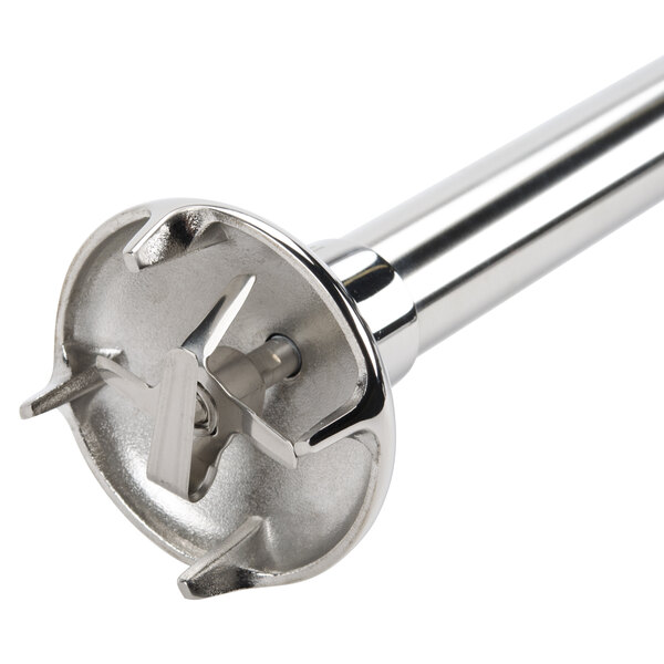 A Hamilton Beach stainless steel immersion blender with a metal blade and handle.