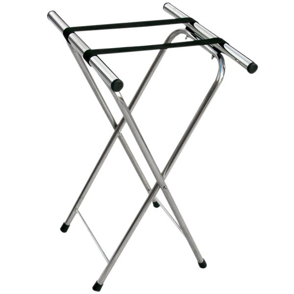 A chrome folding tray stand with black straps.