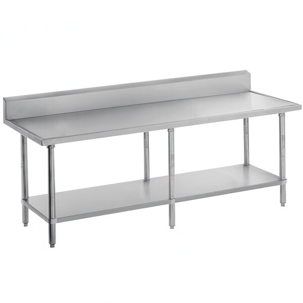 A long stainless steel Advance Tabco work table with an undershelf.