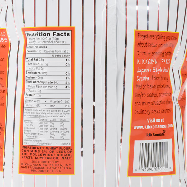 A close-up of a bag of Kikkoman Panko Japanese Style Toasted Bread Crumbs with a label.