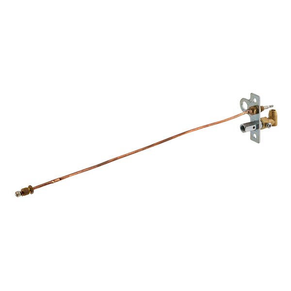 A copper pipe with a metal connector on the end and a wire attached.