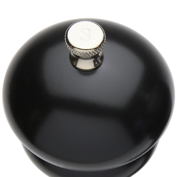 A black pepper mill with a silver knob on top.