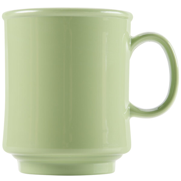 A close-up of a green GET Diamond Harvest Tritan mug with a handle.