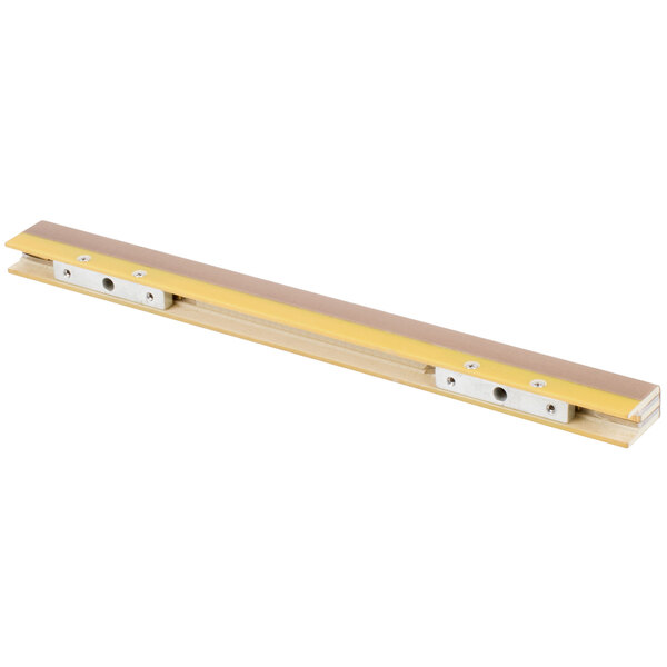 A long yellow and white metal bar with two holes.