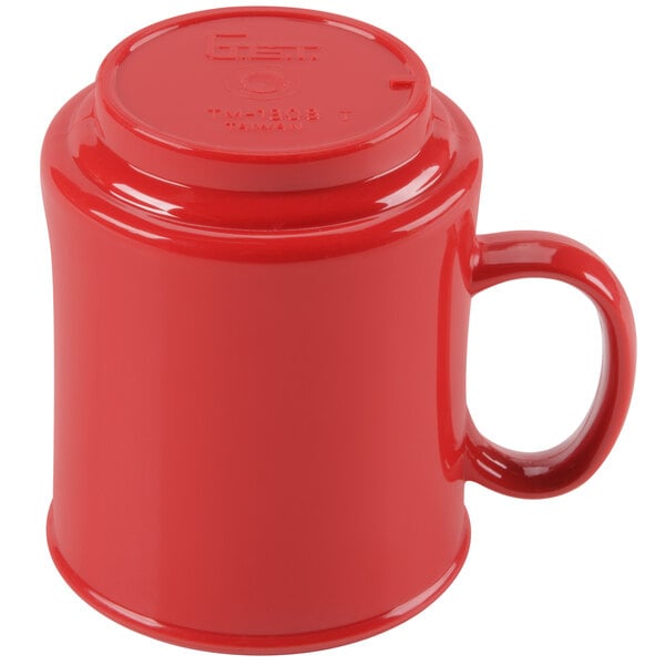A red GET Diamond Harvest cranberry mug with a handle.