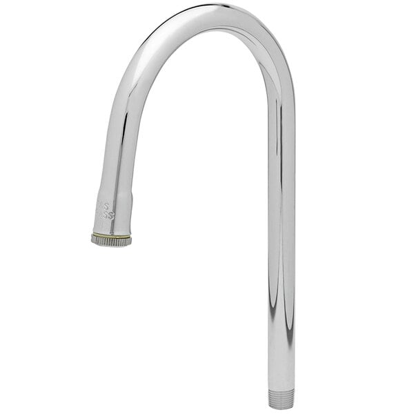 A silver T&amp;S rigid gooseneck faucet nozzle.