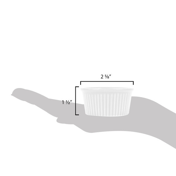 A hand holding a CAC Festiware fluted white ramekin with measurements.