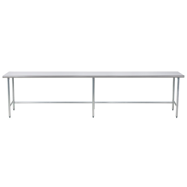 An Advance Tabco stainless steel work table with an open base and metal legs.