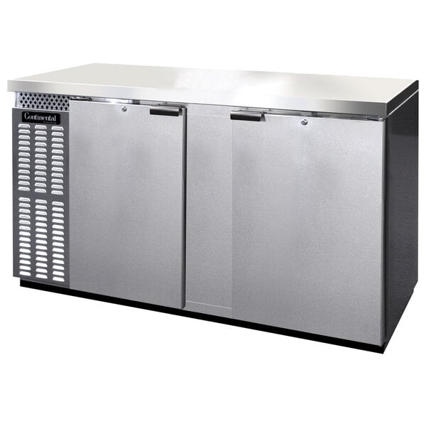 A Continental Refrigerator stainless steel back bar refrigerator with two doors.