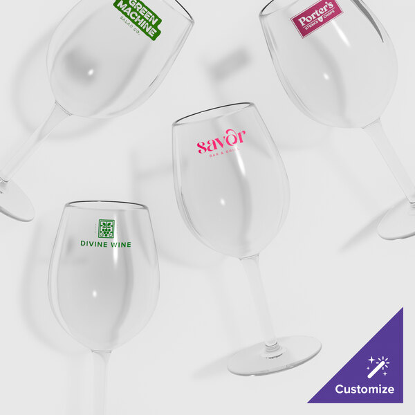 A group of clear GET Tritan plastic tall wine glasses with green custom labels.