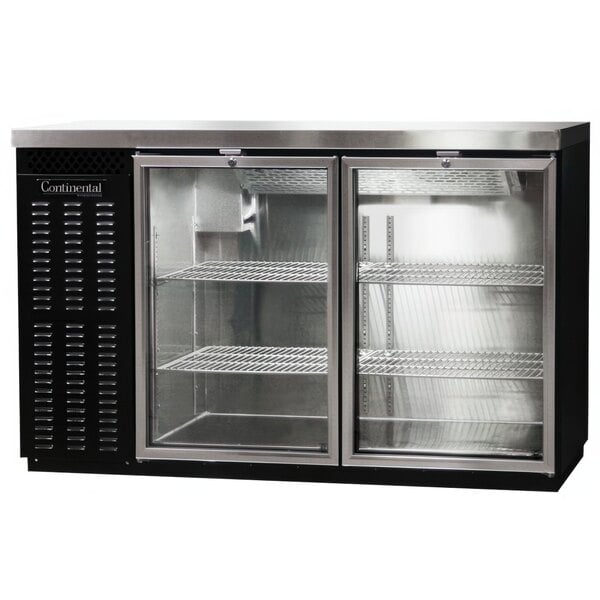 A black and stainless steel Continental Back Bar Refrigerator with glass doors.