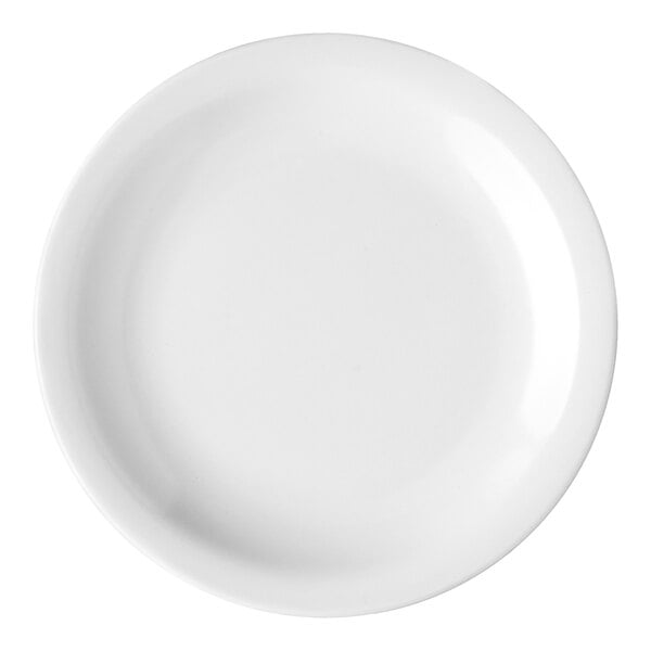 A close-up of a Carlisle white bread and butter plate with a white rim.