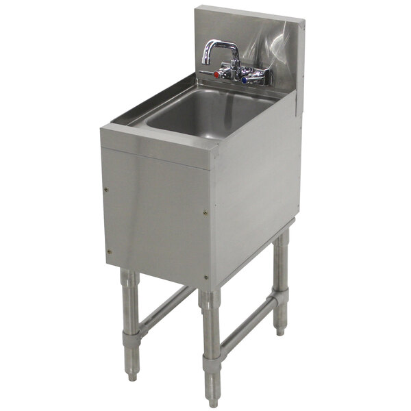 A stainless steel Advance Tabco underbar hand sink with a faucet and drain.