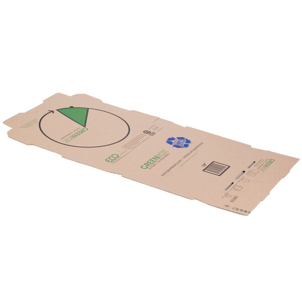 A brown cardboard box with a green and white logo.