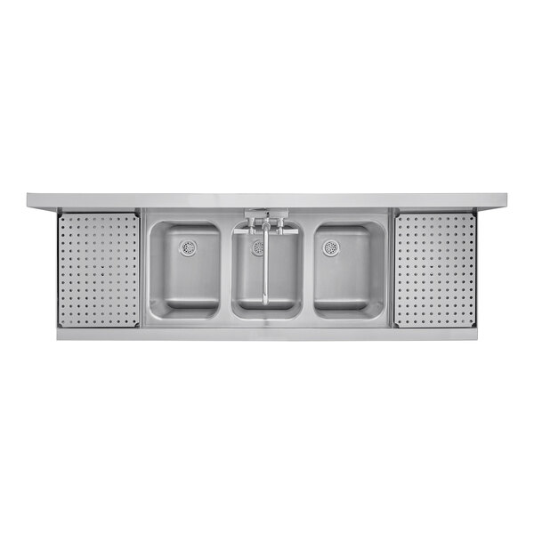 An Advance Tabco Prestige series underbar sink with three compartments and two drainboards.
