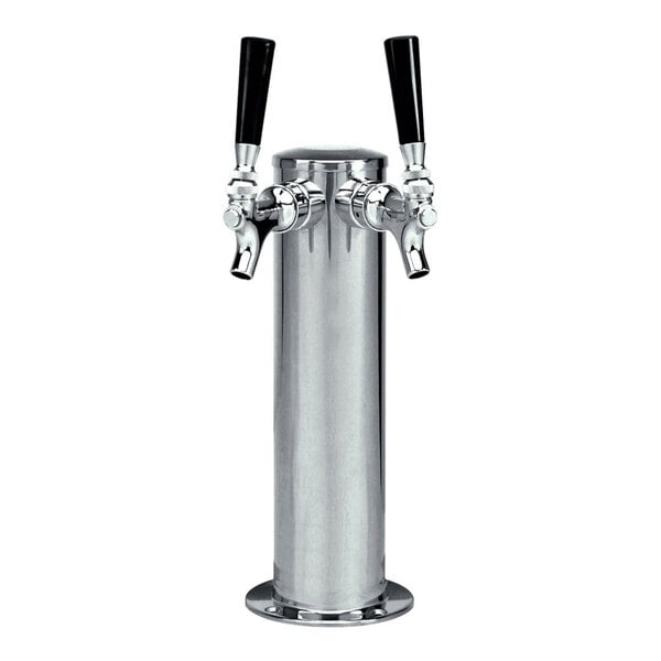 A stainless steel two-tap beer tower with a 3-inch column and black tap handles.