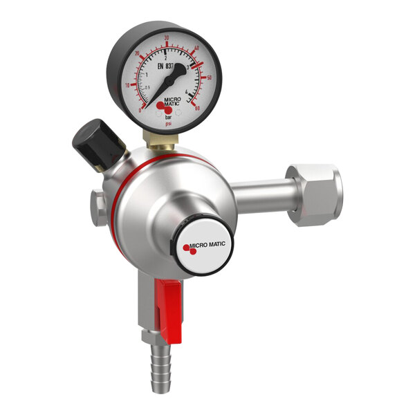 A close-up of a Micro Matic Premium Plus CO2 low-pressure regulator's red and white pressure gauge.