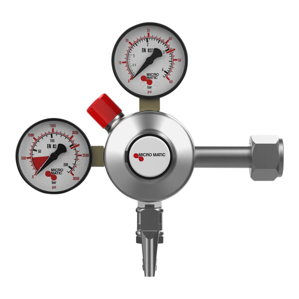 A Micro Matic Premium Plus double gauge CO2 regulator with a red indicator.